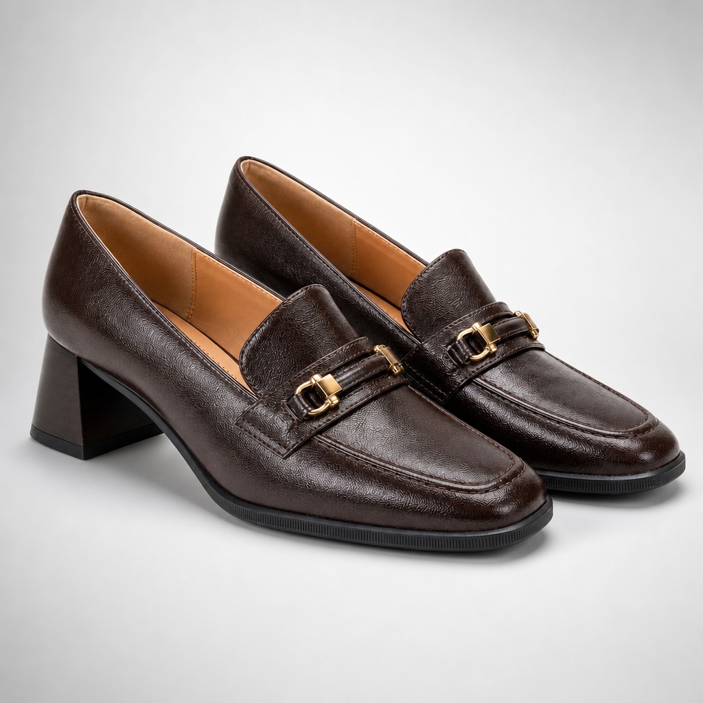 Brown square toe stable heel dress shoes on a light background