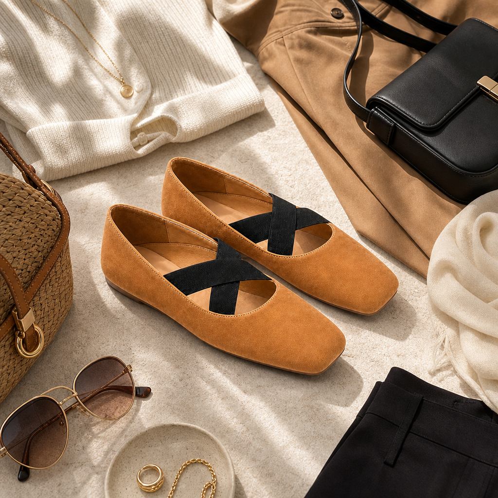 Ballerine color cuoio, perfette da abbinare agli accessori dell'outfit.