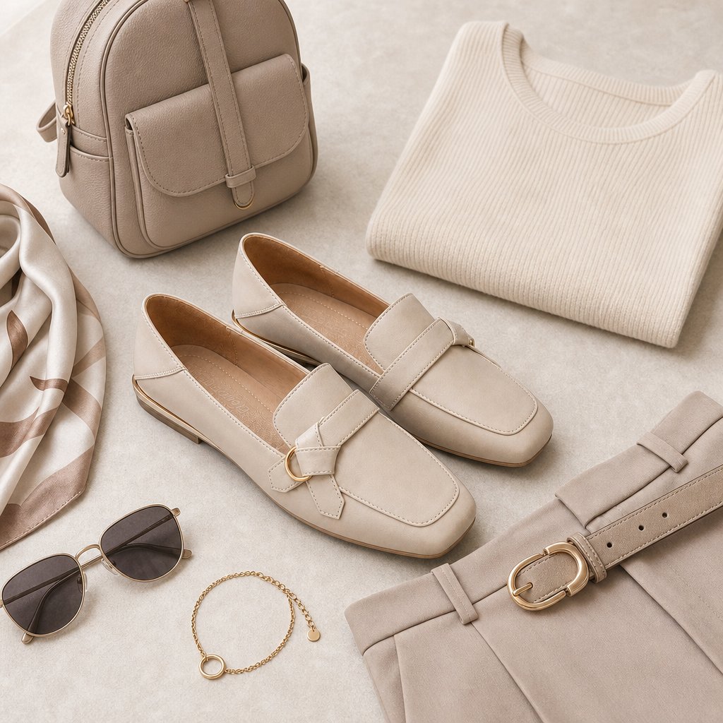 Flat lay scene with beige loafers and matching accessories