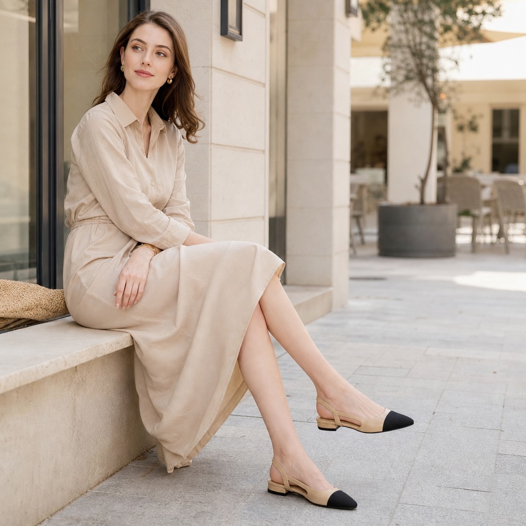Patchwork flats worn outdoors with a work and leisure outfit