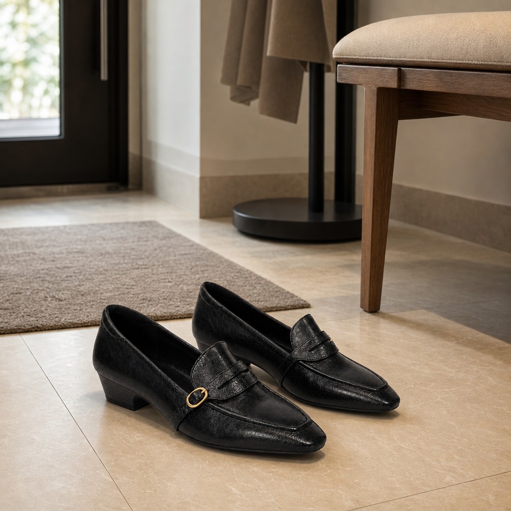 Black loafers styled indoors near furniture and window light