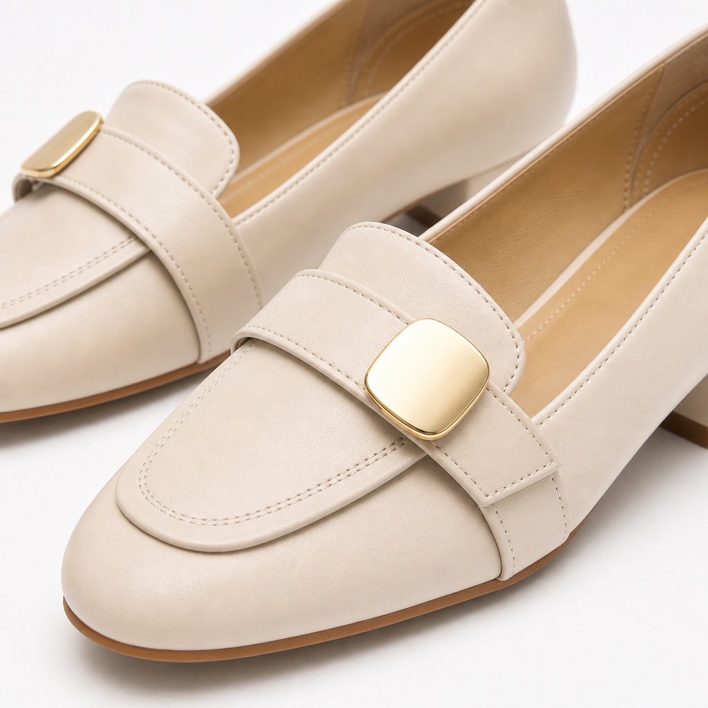Gros plan sur la bride à boucle du mocassin et la tige lisse
