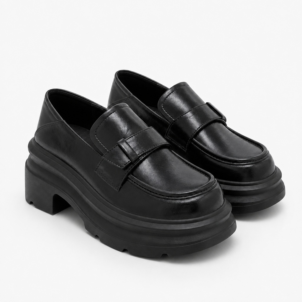 Mocassins noirs à semelle crantée et plateforme épaisse sur fond uni