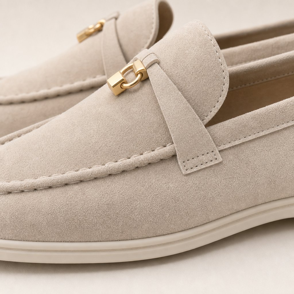 Side detail of loafer stitching, tassel, and flexible sole edge
