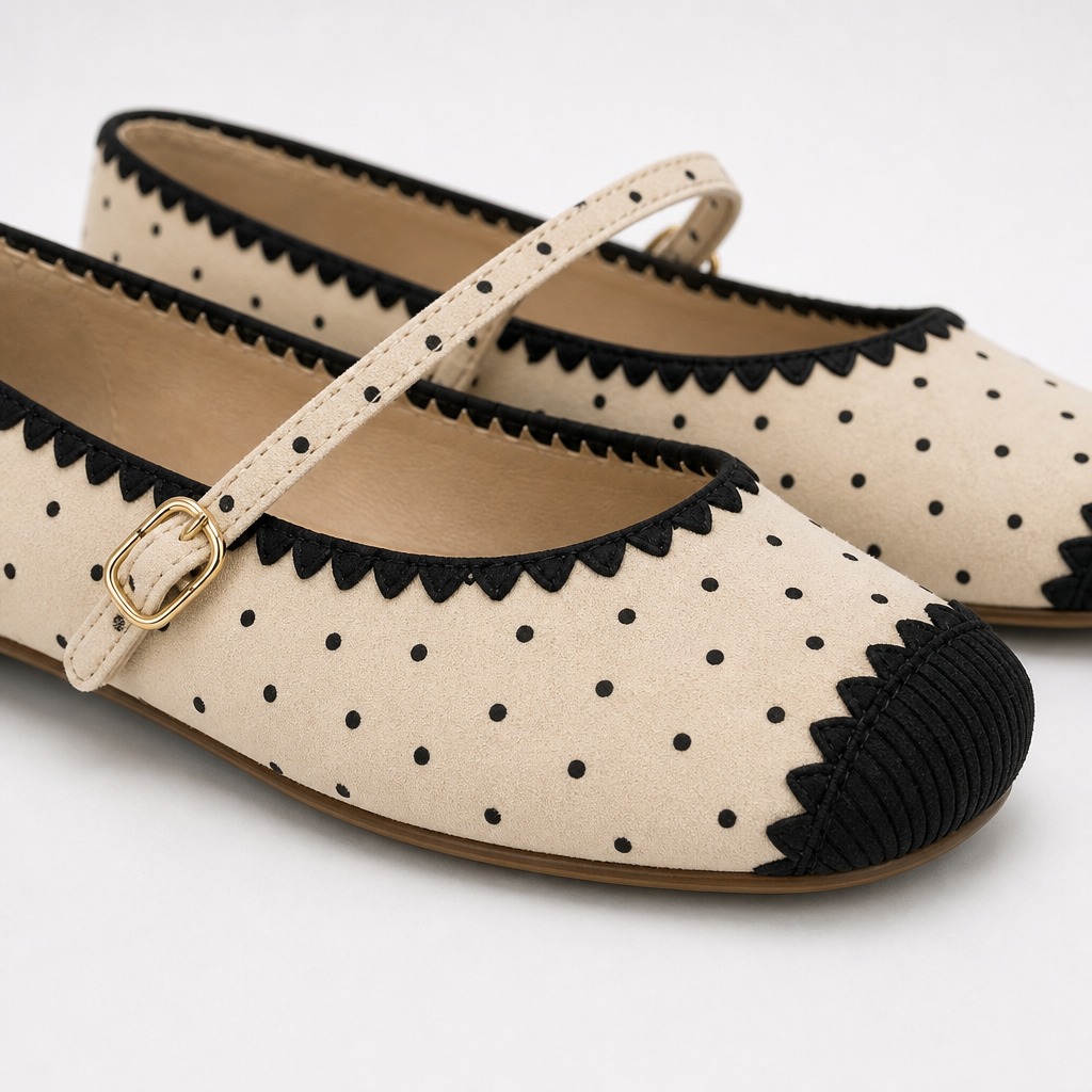 Primo piano di una scarpa Mary Jane color crema a pois con cinturino con fibbia e finiture nere.