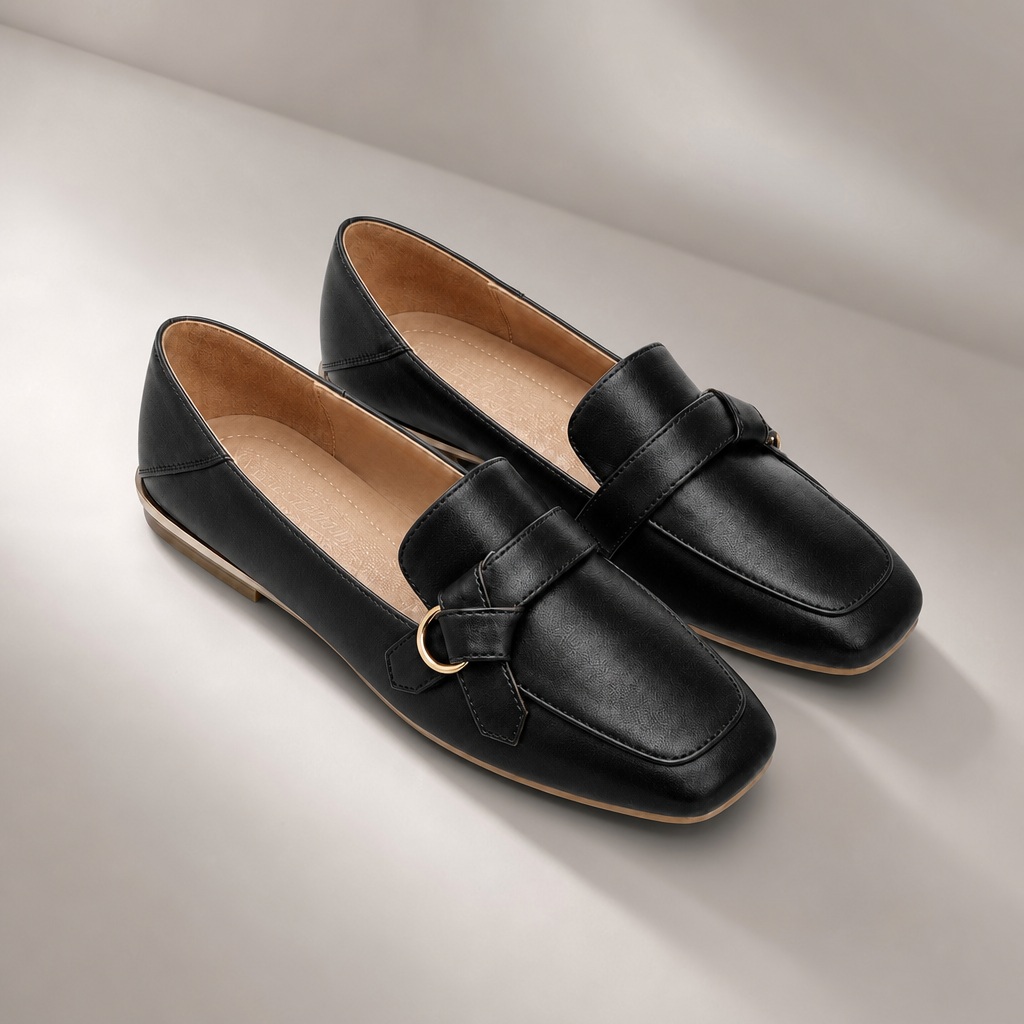 Black square toe office loafers on a light background