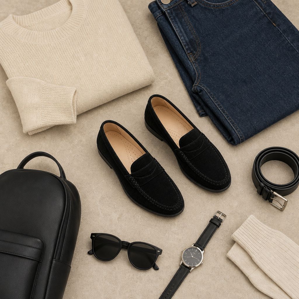 Black loafers styled with accessories in a flat lay