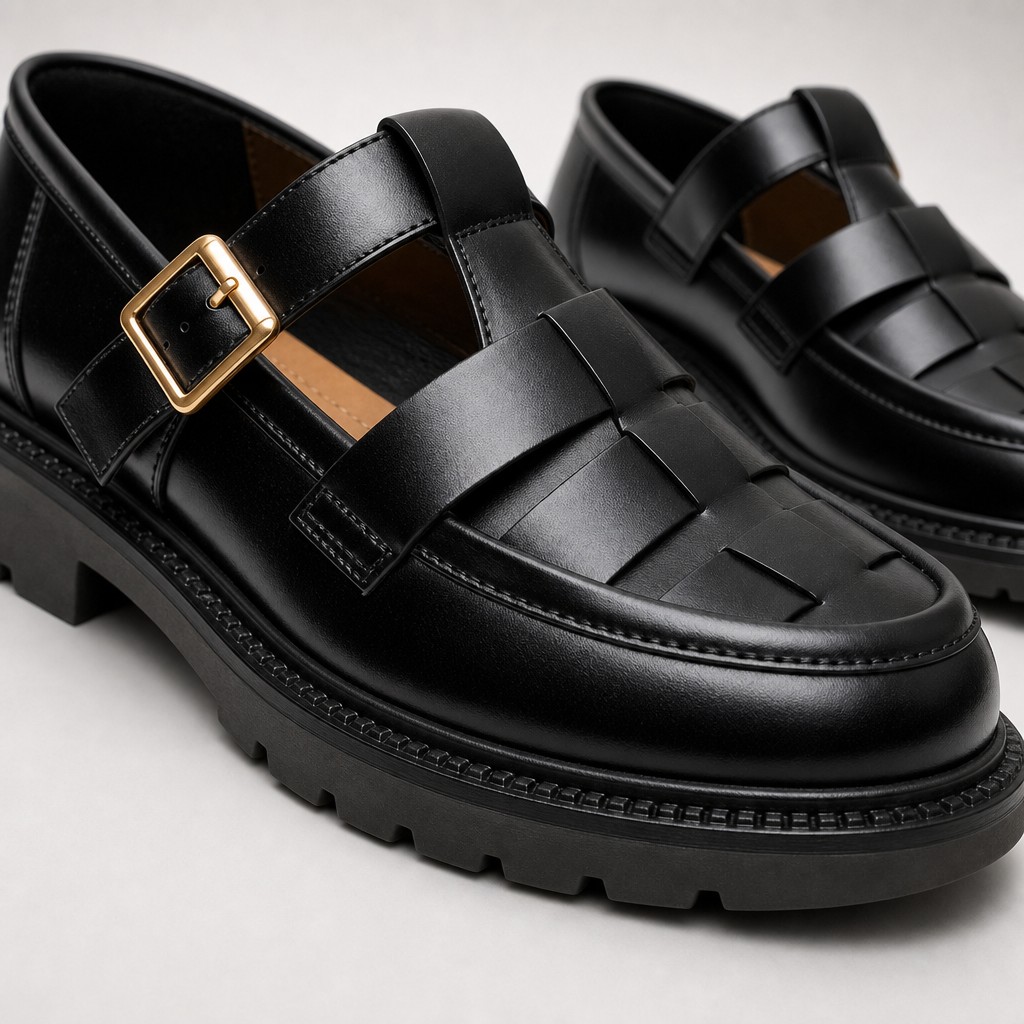 Close-up of woven leather fisherman shoe upper, buckle strap, stitching, and lug sole