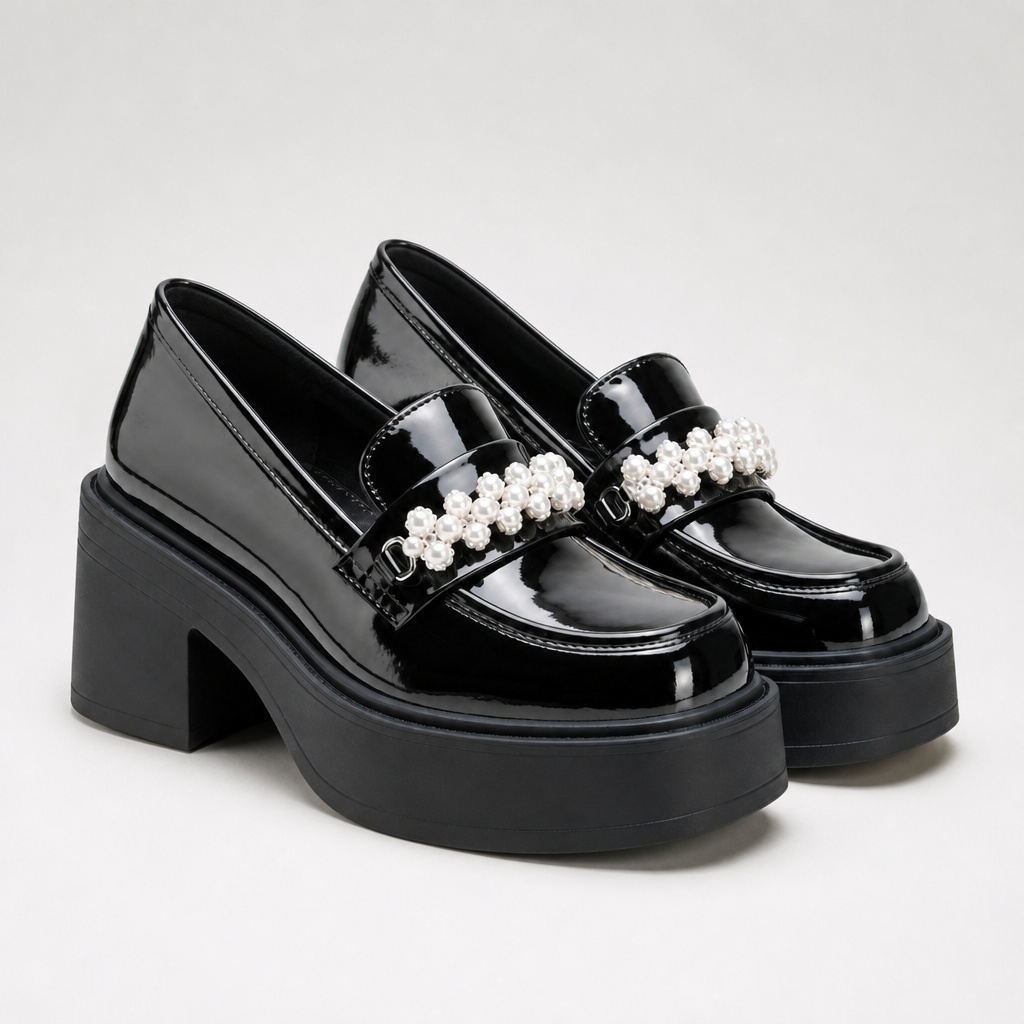Mocassins épais noirs brillants à accents nacrés