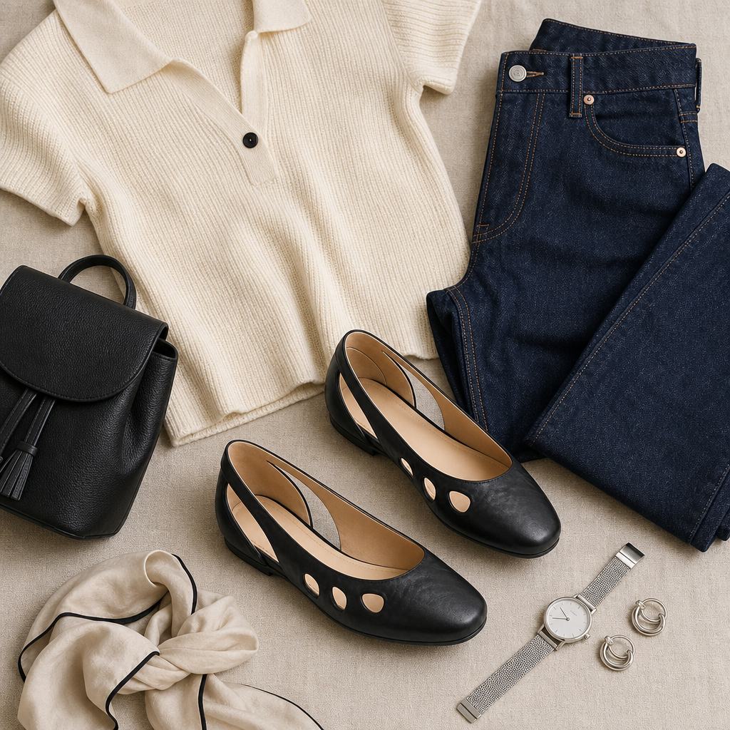 Flat-lay outfit scene with black Mary Jane shoes and accessories