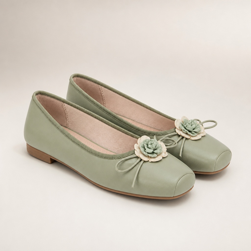 Scarpe basse verdi con tacco basso, ispirate al qipao.