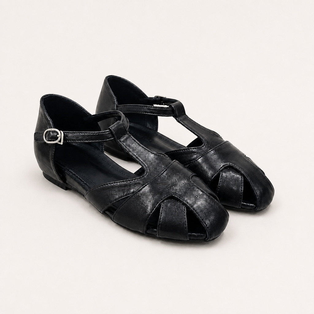Black hollow-out low heeled shoes
