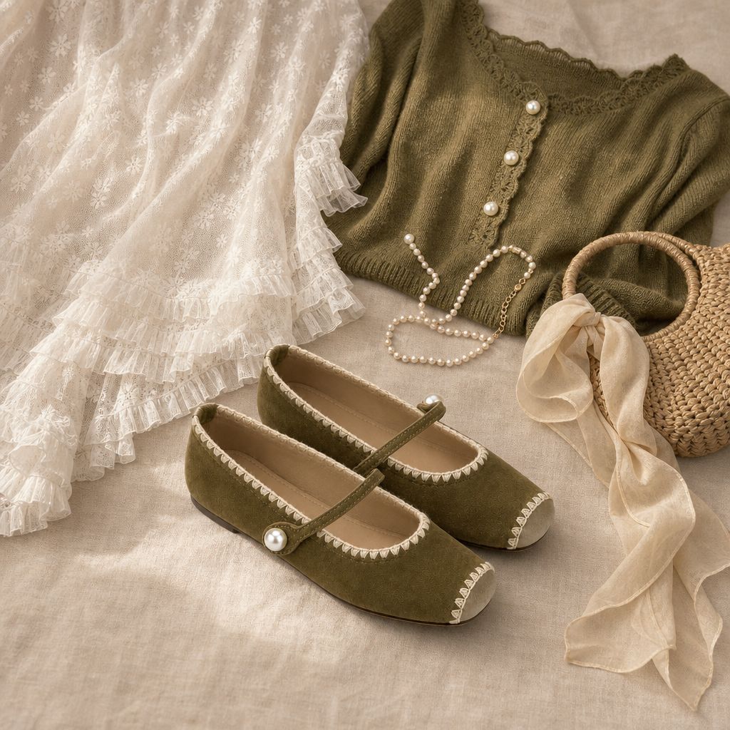 Ballerine Mary Jane verde oliva abbinate a vestiti e accessori
