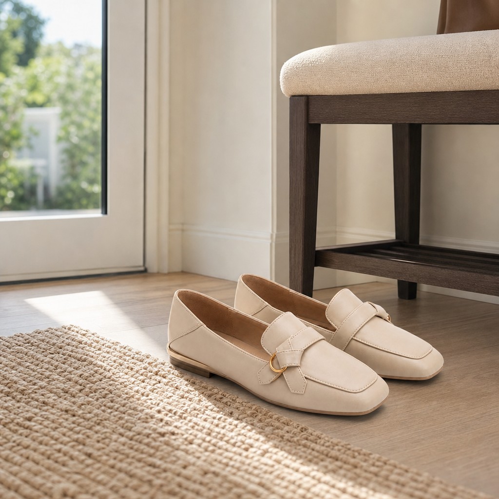 Loafers placed in an indoor room setting near furniture and rug