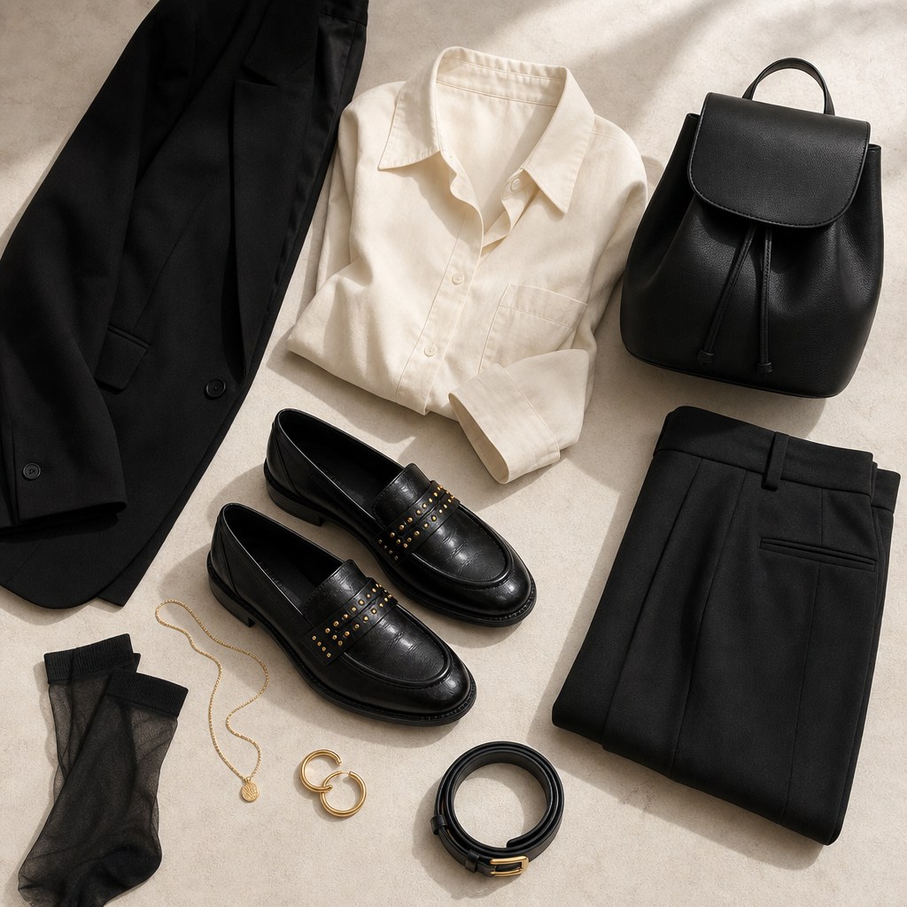 Flat-lay outfit scene featuring the glossy black loafers