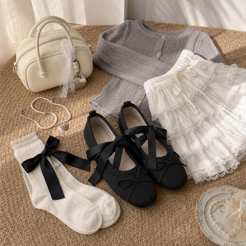Flat Black Mary Jane με κάλτσες, ρούχα και τσάντα flatlay