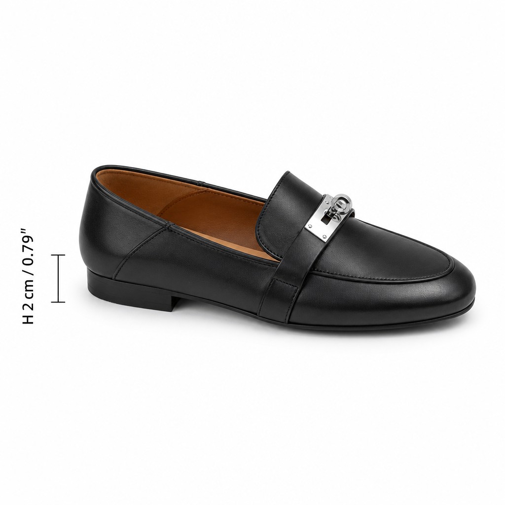 Mocassin noir de profil avec mesure de la hauteur du talon bas