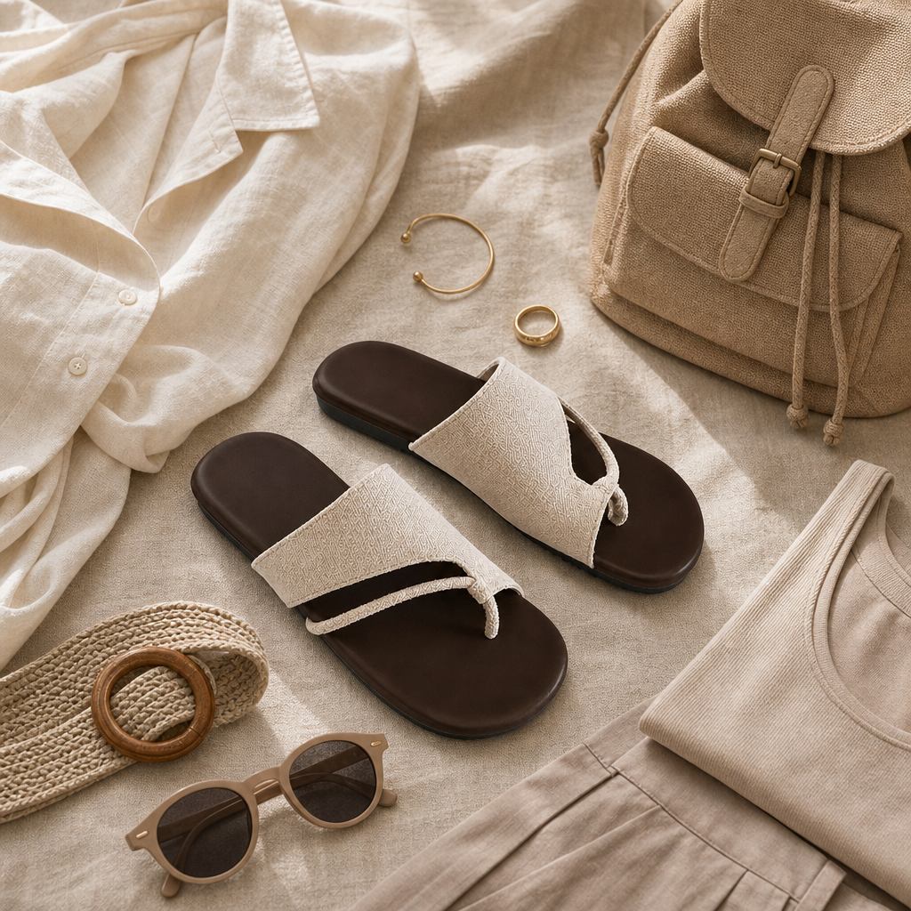 Slide sandals with summer accessories flat-lay
