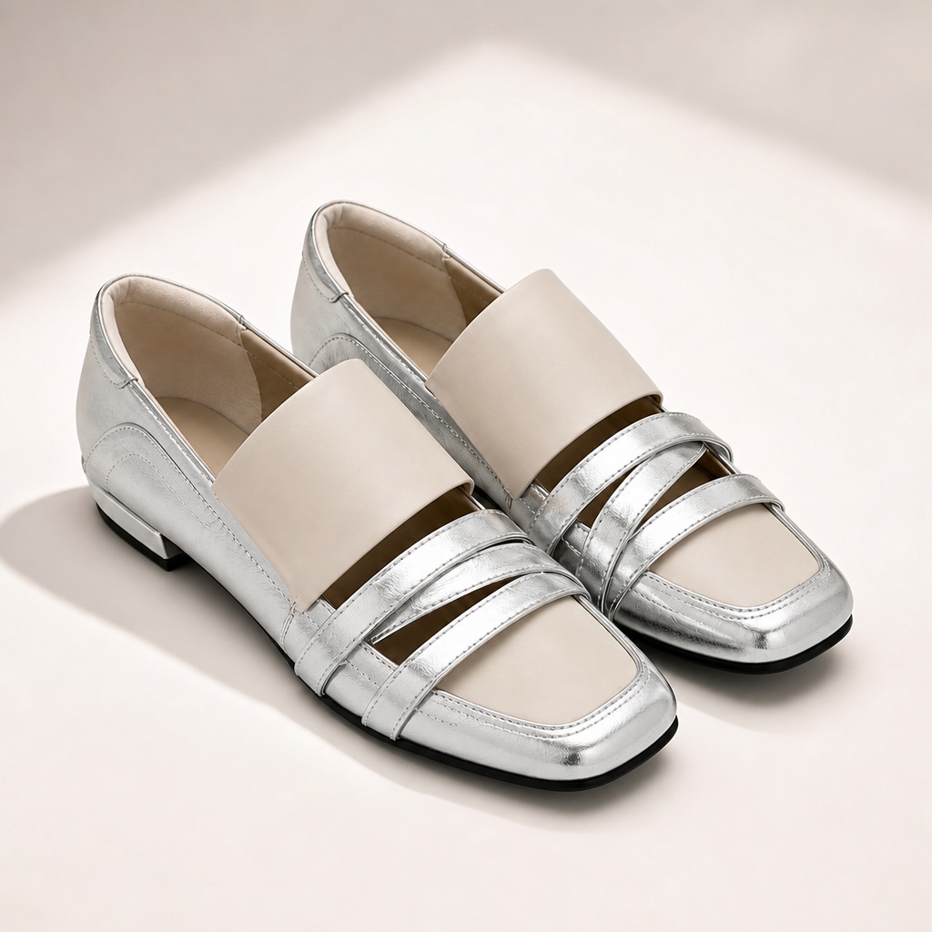 Ασημί γυαλιστερό λουράκι τετράγωνο loafers σε ανοιχτόχρωμο φόντο