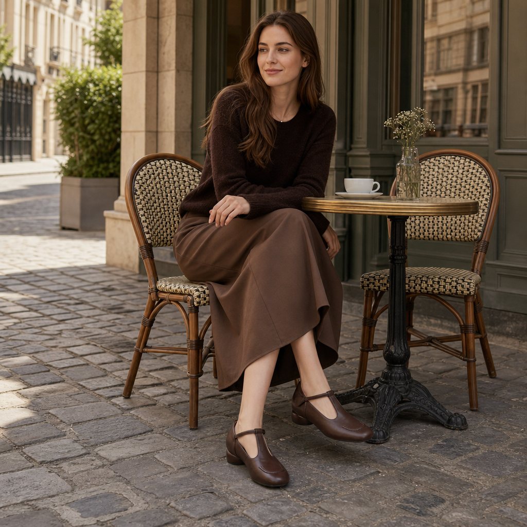 Brown Mary Jane shoes worn in an outdoor café setting
