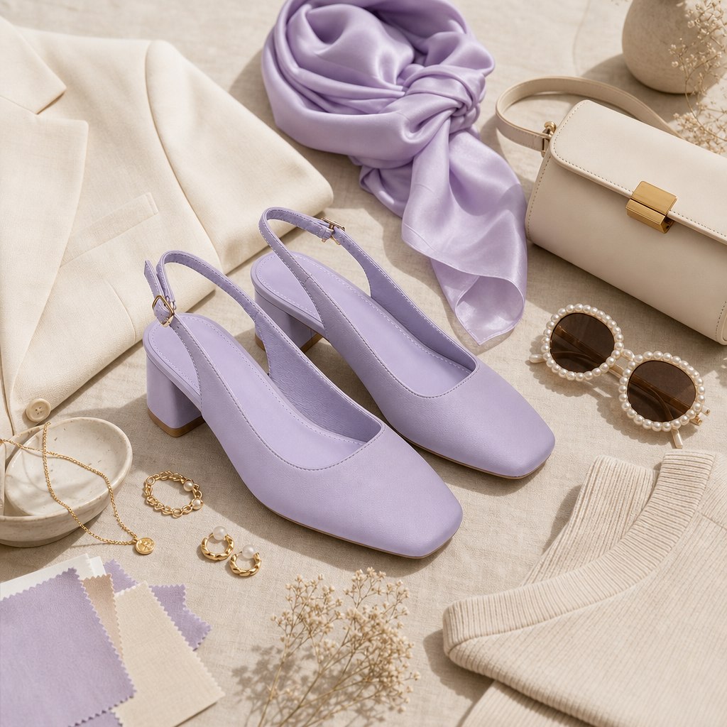Sapatos slingback lavanda em uma cena plana e estilizada