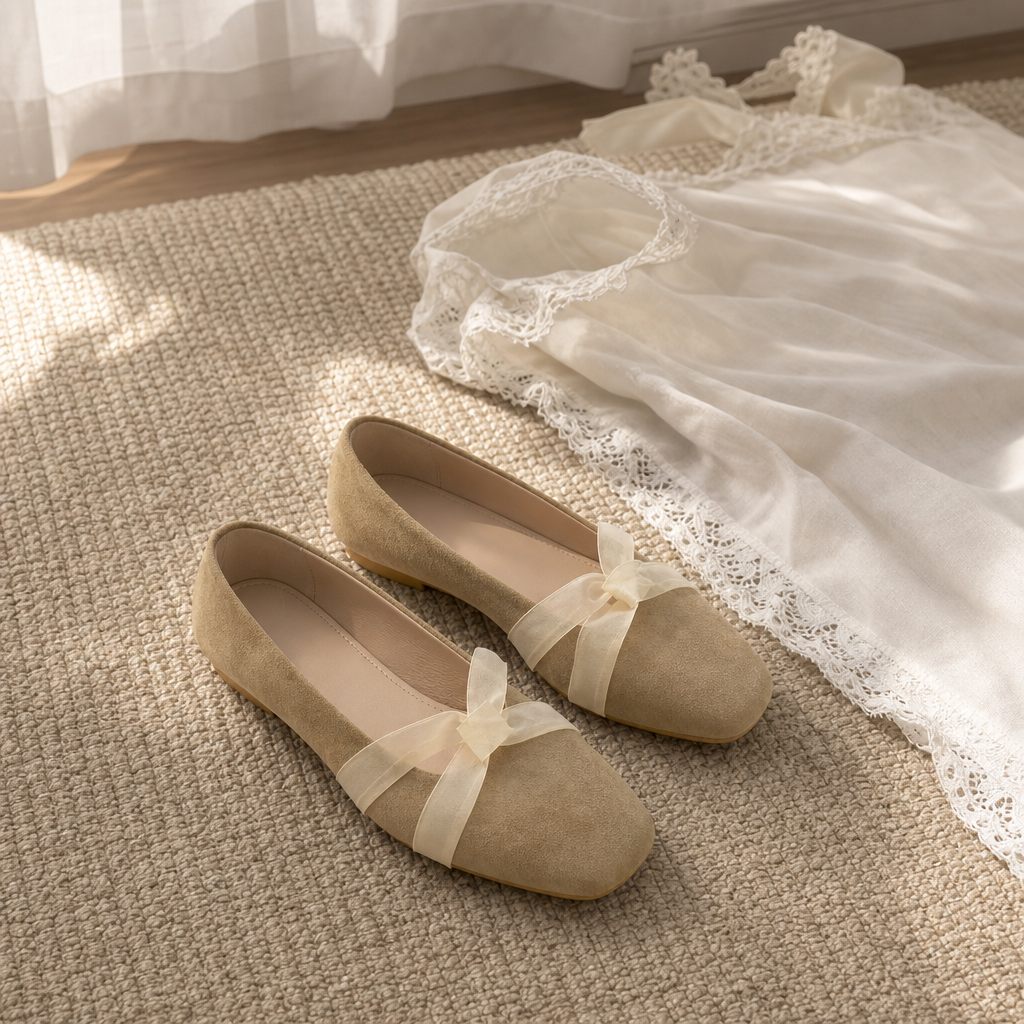 Ballerine beige con fiocco accanto a biancheria da letto e tessuto di pizzo