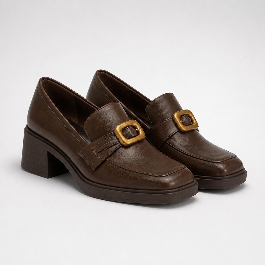 Mocassins marron à bout carré et talon bloc de soutien sur fond clair