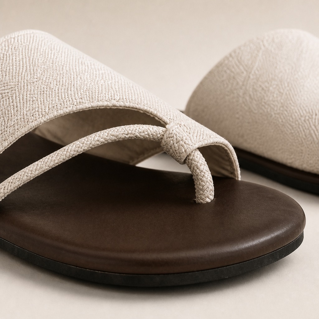 Macro view of toe post and cushioned footbed area