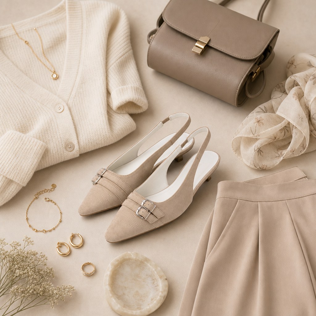 Sapatilhas bege blush estilizadas com roupas e acessórios