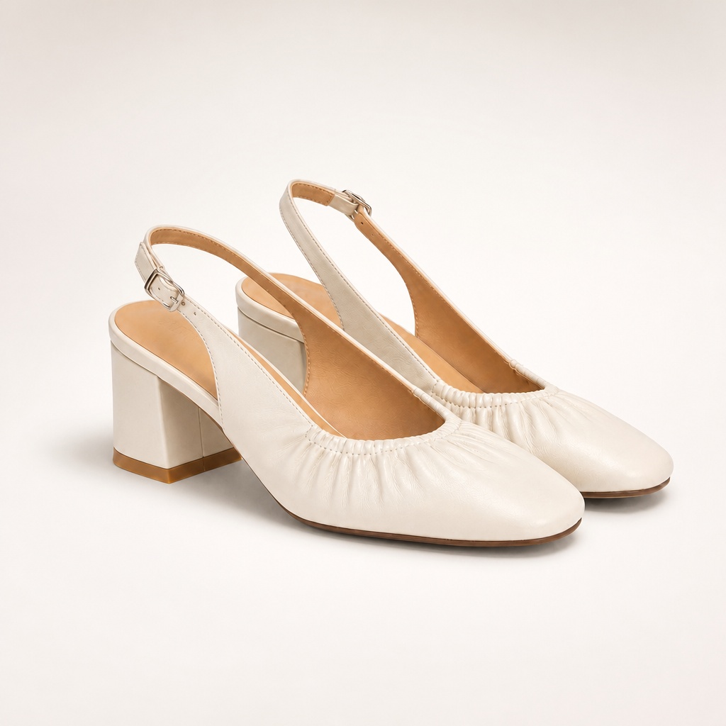 Sapatos de salto bloco baixo na parte superior com franzido macio creme