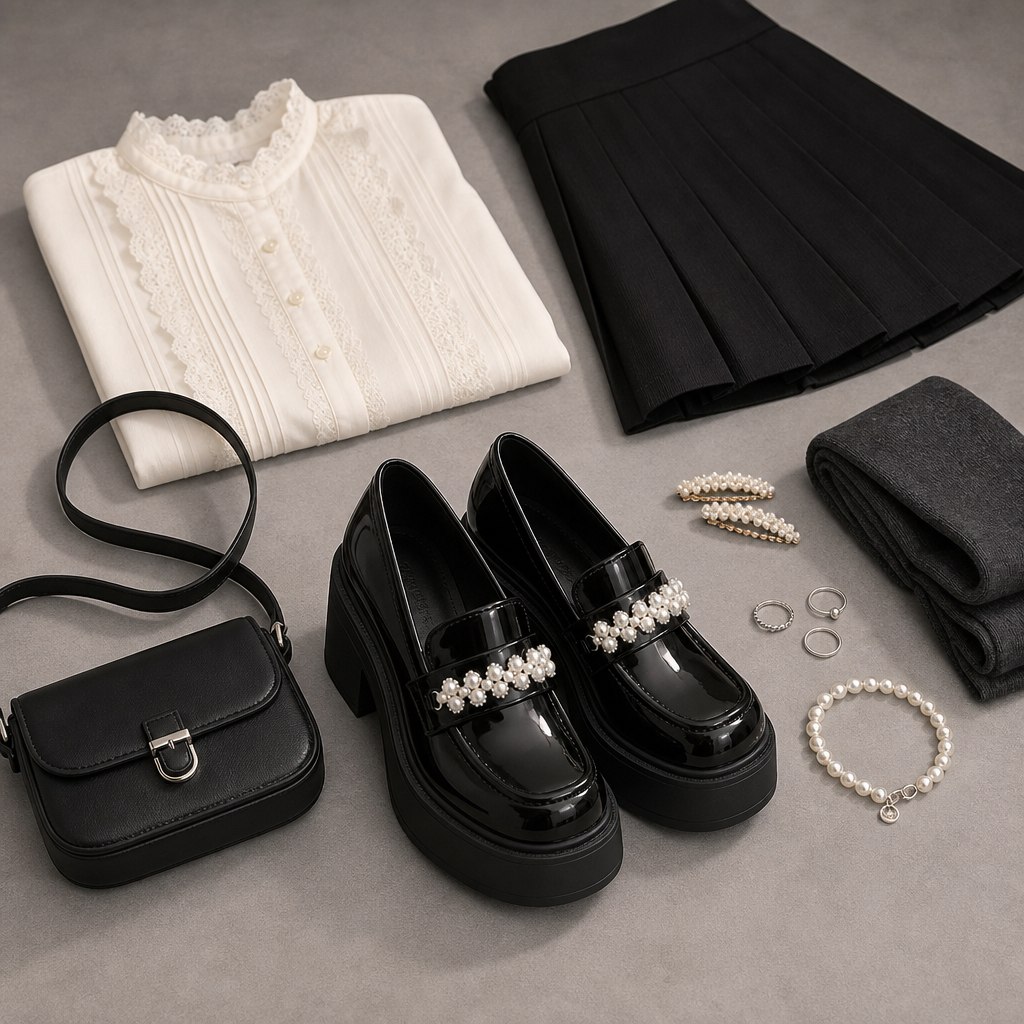 Scène de tenue avec des mocassins ornés de perles parmi les vêtements et accessoires