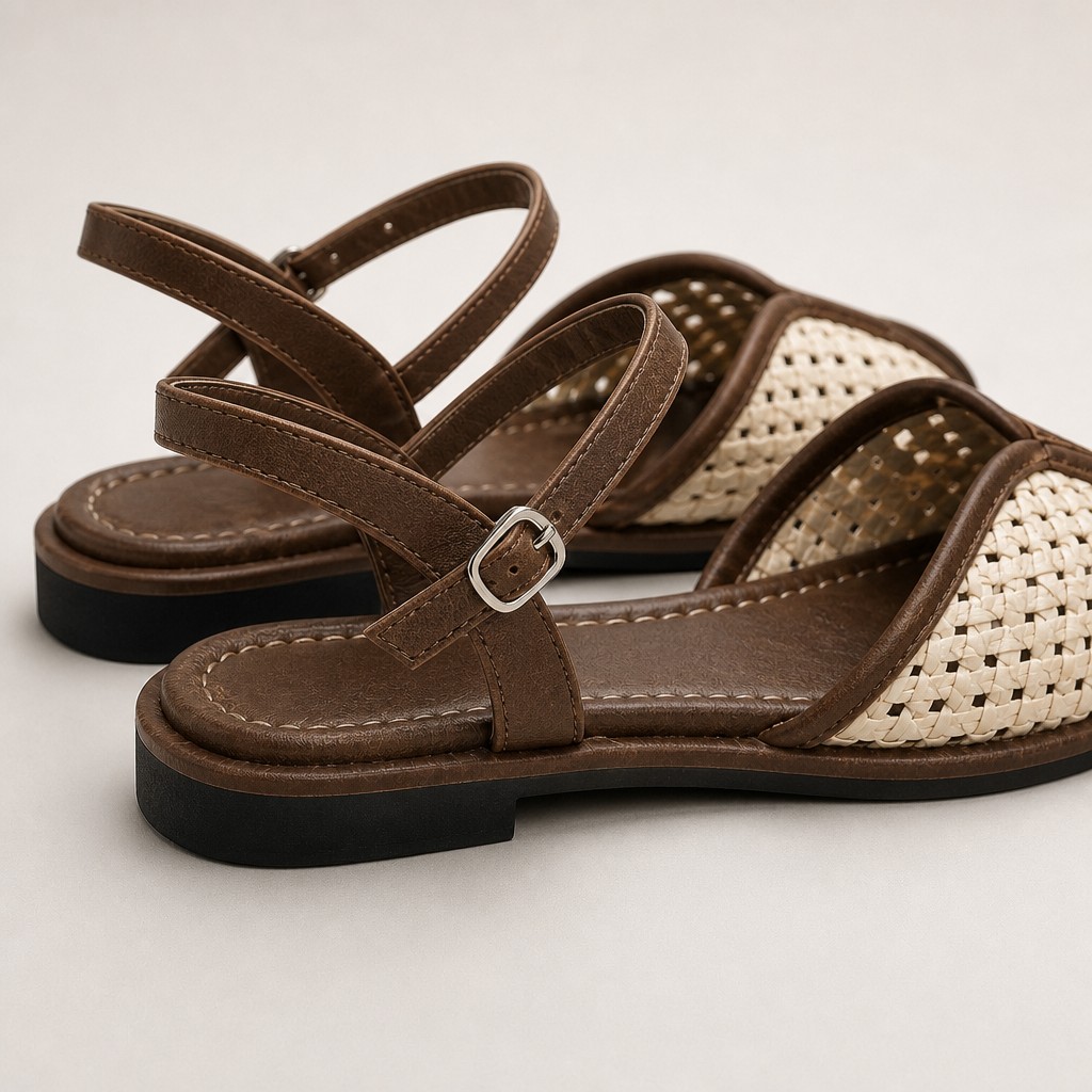 Side detail showing strap, buckle, sole thickness, and woven front