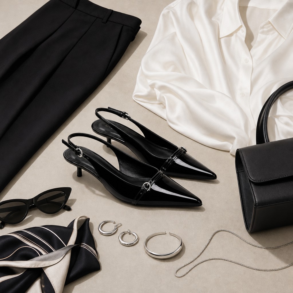 Salto tipo slingback preto estilizado com roupas e acessórios