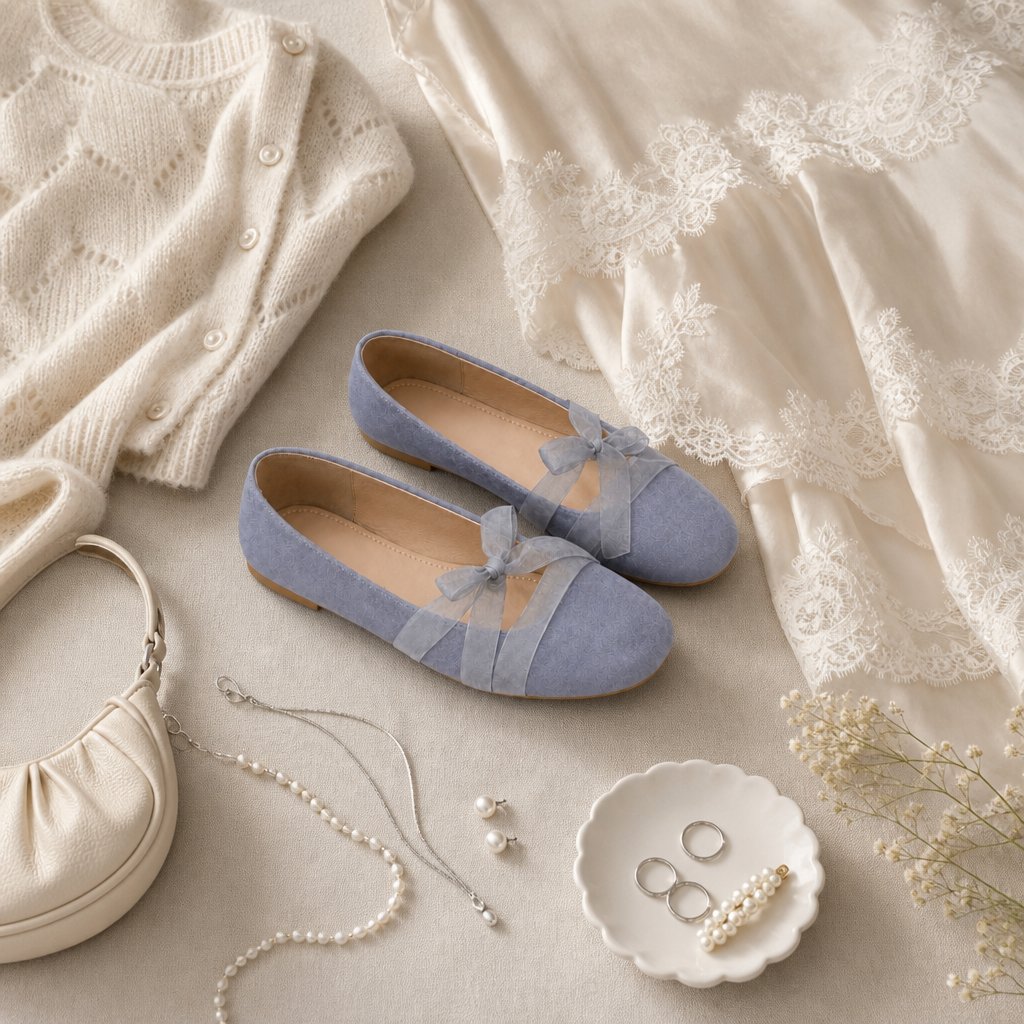 Ballerine blu con fiocco, impreziosite da accessori.
