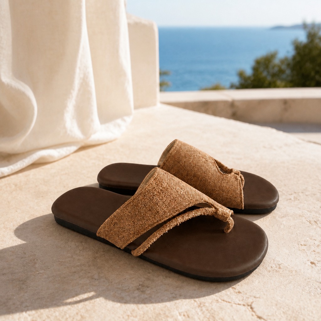 Tan slide sandals in a sunny coastal setting