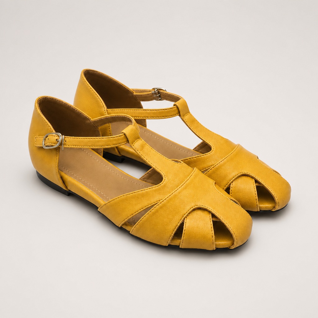 Yellow hollow-out low heeled shoes