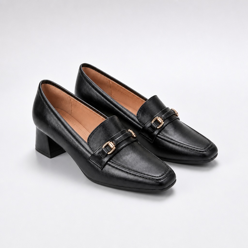 Black square toe stable heel dress shoes on a light background