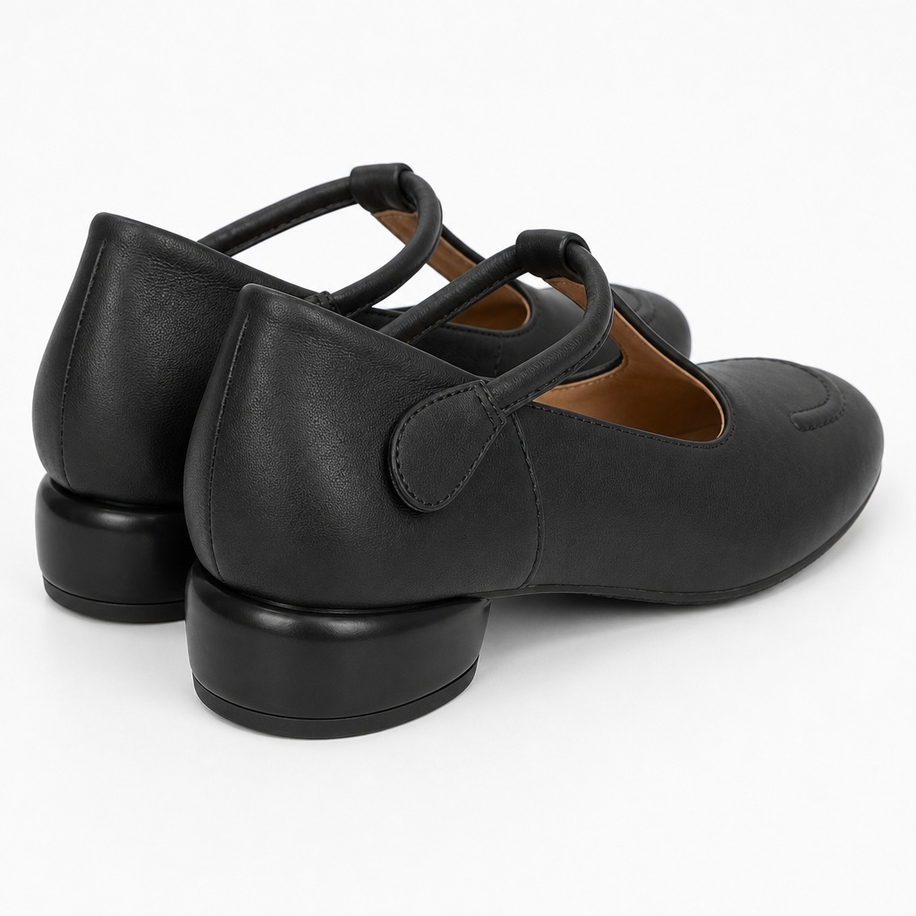 Rear and side view of black Mary Jane shoes showing heel and sole shape