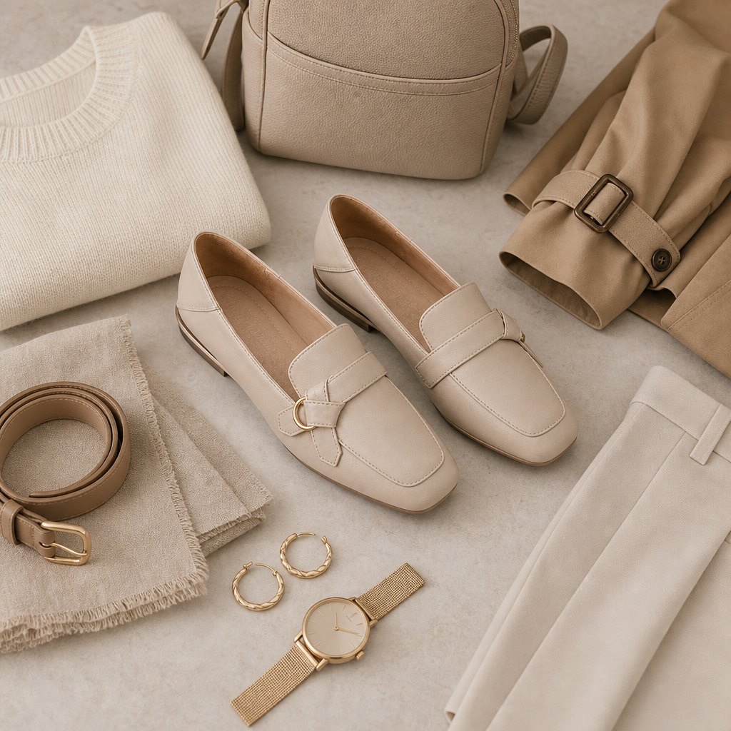 Beige loafers with coordinated outfit accessories