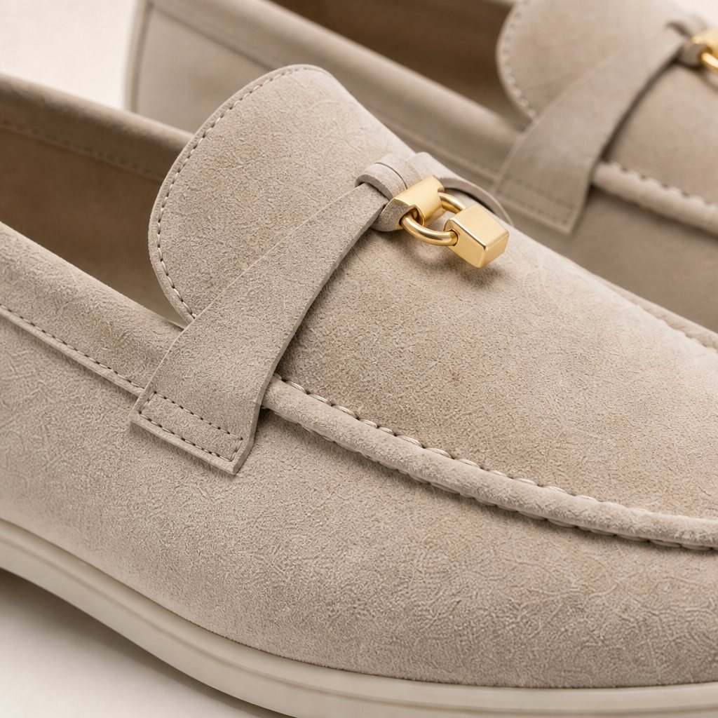 Close-up of apricot loafer upper, stitching, strap, and gold tassel detail