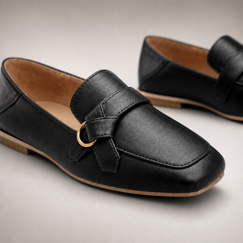 Close-up of black loafer texture stitching buckle and square toe detail