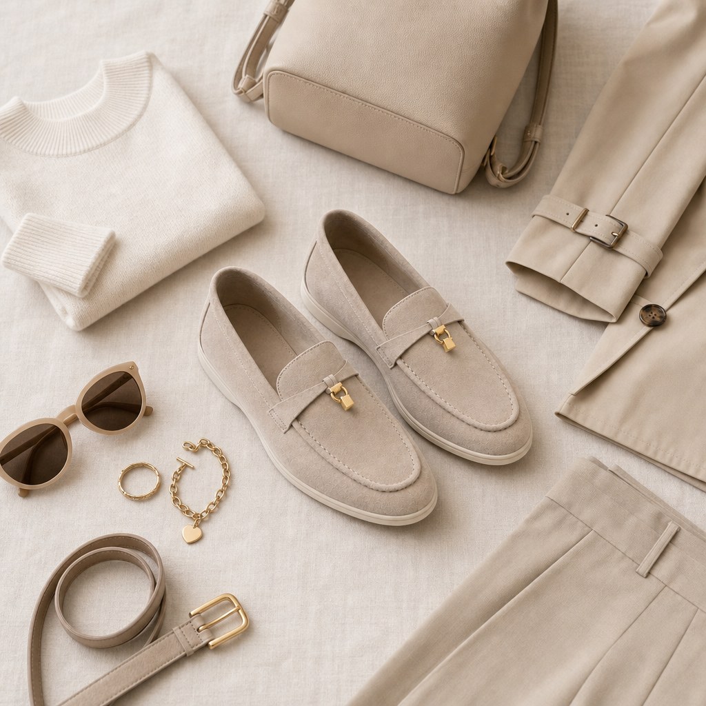 Apricot loafers styled with coordinated clothing and accessories