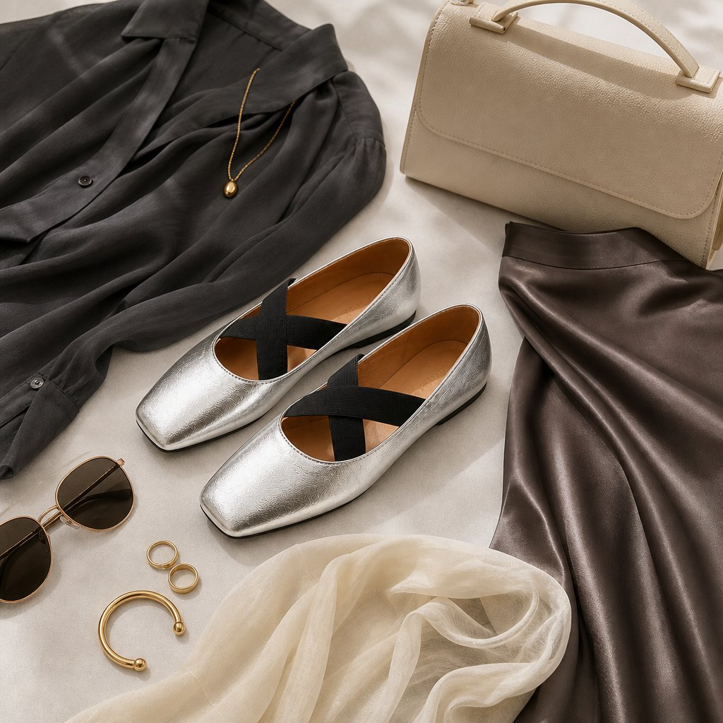 Ballerine argentate con abbigliamento e accessori