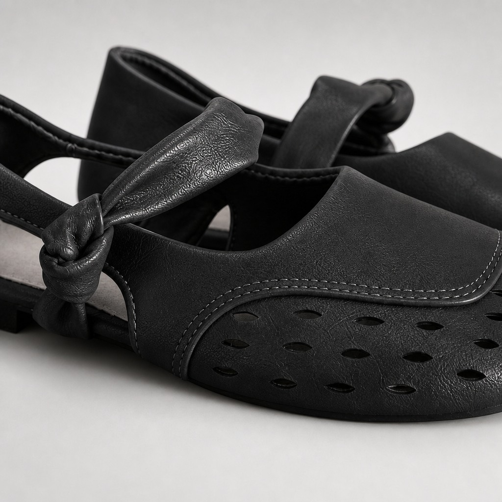 Black flat shoe close-up showing perforated toe and strap detail