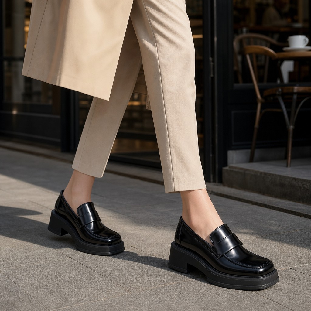 Mocassins noirs portés à l'extérieur dans une tenue décontractée