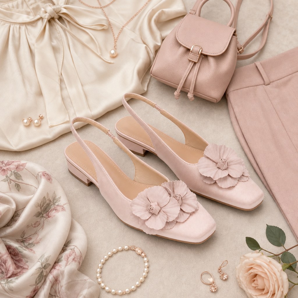 Salto tipo slingback floral rosa em uma cena plana e estilizada