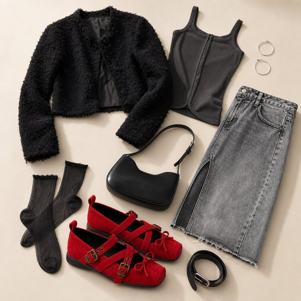 Ballerine rosse Mary Jane abbinate ad accessori