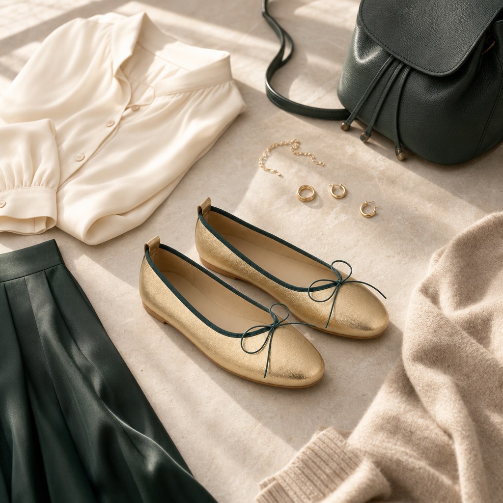 Apricot flats με ρούχα και αξεσουάρ