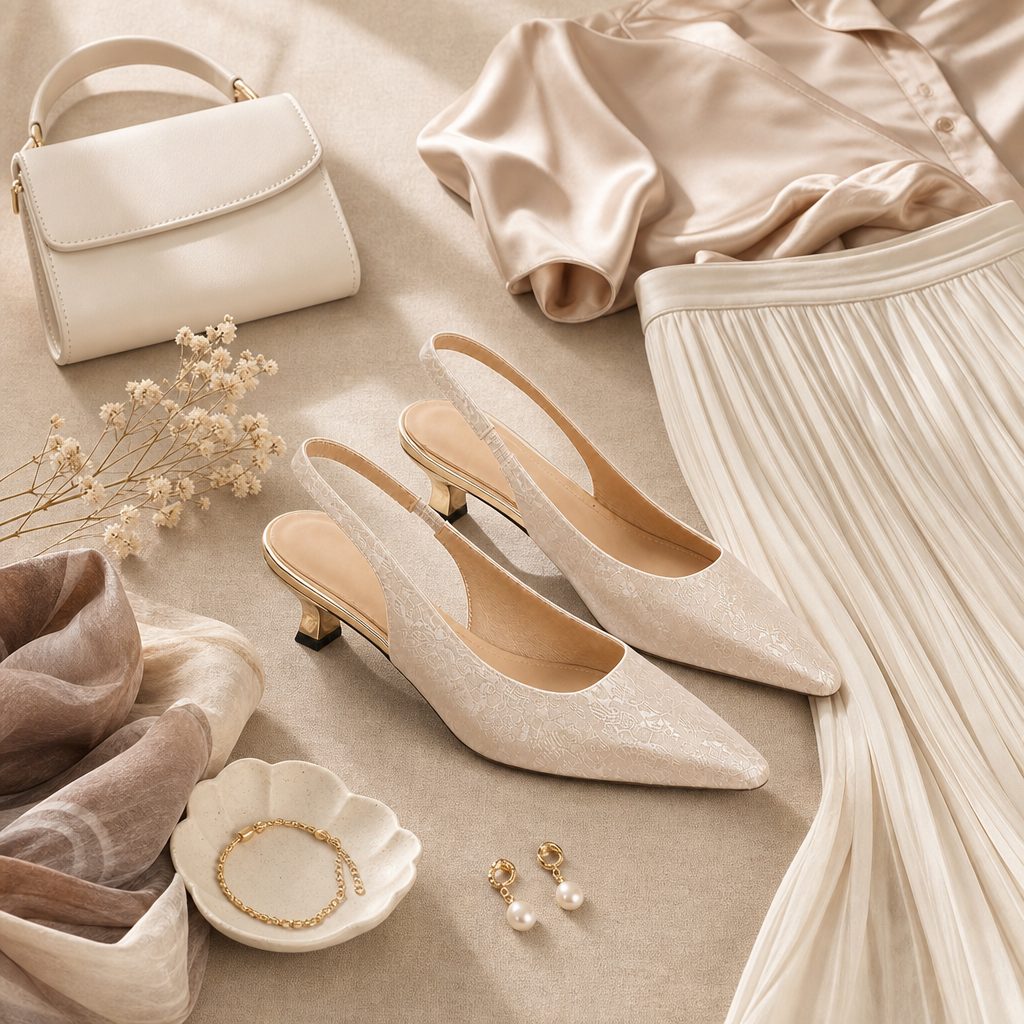 Saltos dourados brilhantes em estilo flat-lay com acessórios