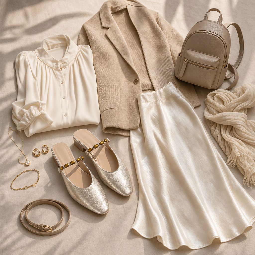 Flat-lay coordinated outfit with chunky heel shoes